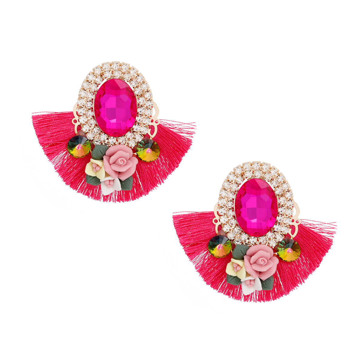 Statement Fuchsia Crystal Fan Tassel Floral Stud Earrings Stylish Chic Jewelry