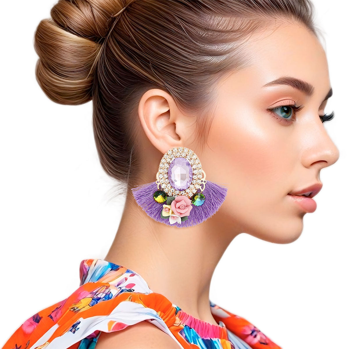 Floral Lavender Crystal Fan Tassel Stud Earrings – Stylish Statement Jewelry