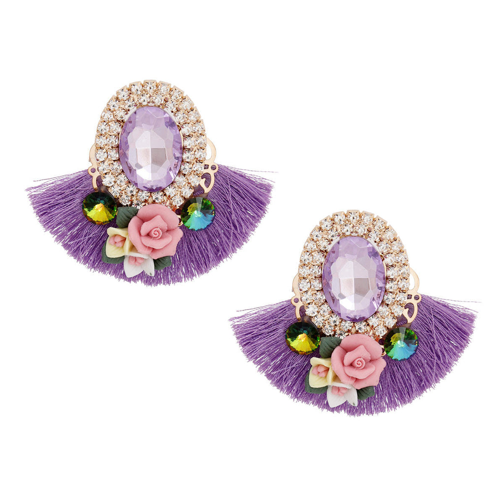 Floral Lavender Crystal Fan Tassel Stud Earrings – Stylish Statement Jewelry