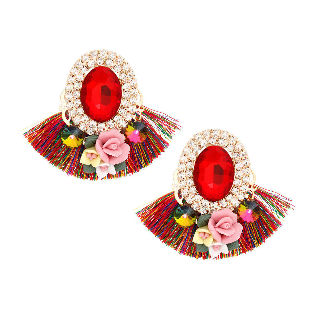 Multicolor Crystal Fan Tassel Floral Stud Earrings – Trendy Statement Jewelry