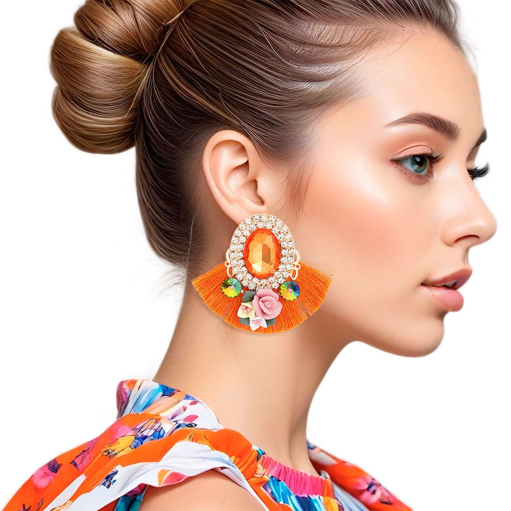 Fan Tassel Floral Stud Earrings with Orange Crystal – Stylish Statement Jewelry