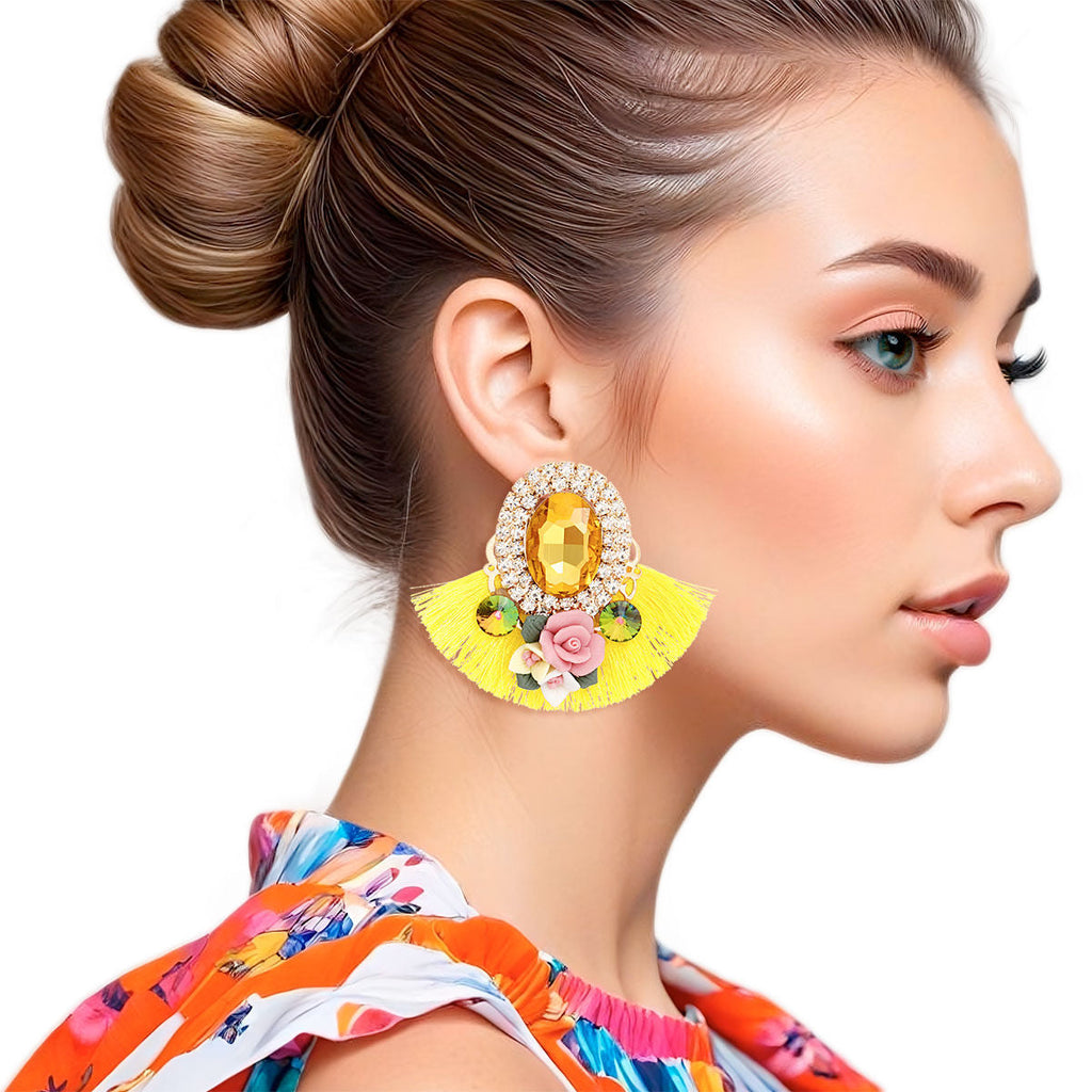 Yellow Crystal Fan Tassel Floral Stud Earrings – Stylish Statement Jewelry