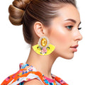 Yellow Crystal Fan Tassel Floral Stud Earrings – Stylish Statement Jewelry