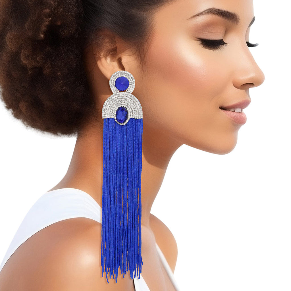Women’s Statement Tassel Earrings Long Vintage Glam Royal Blue Stylish