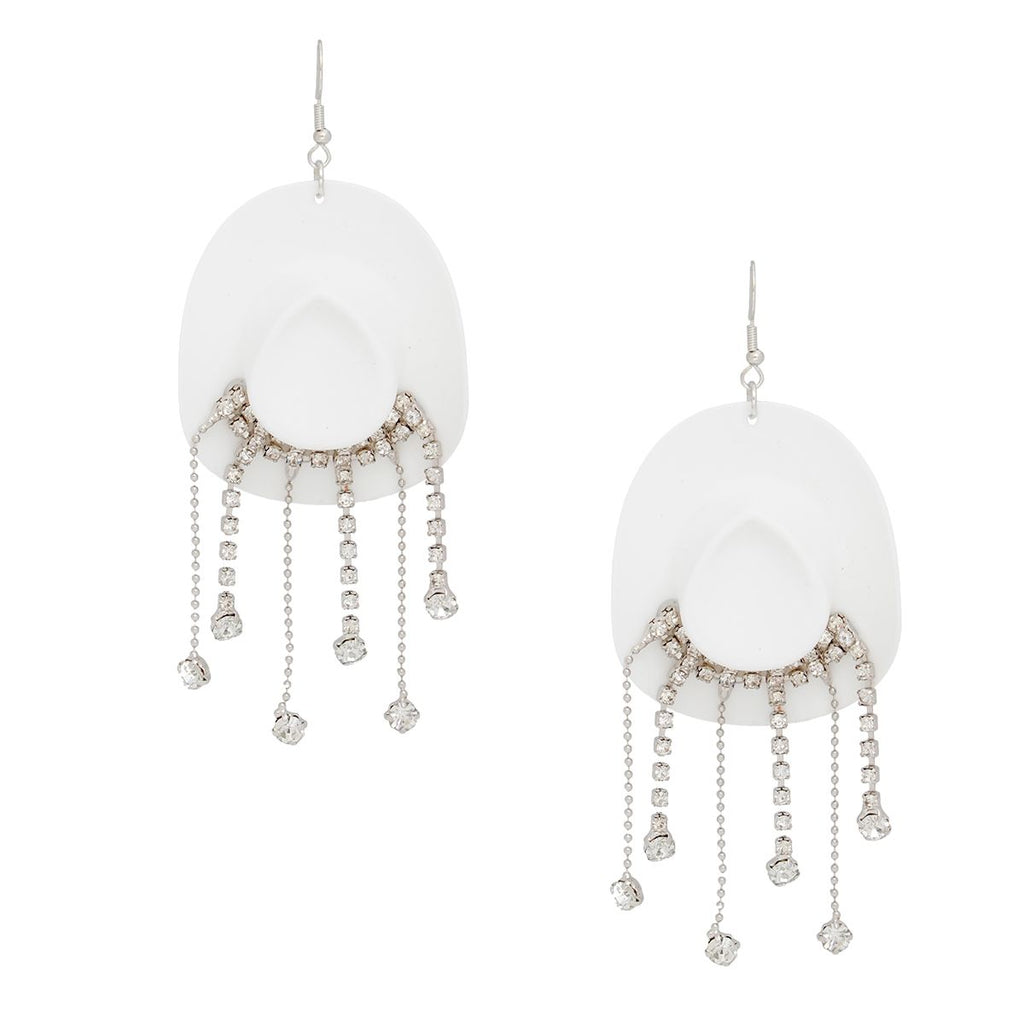 Fringe White Cowgirl Hat Earrings Fish Hook Stylish Statement Jewelry