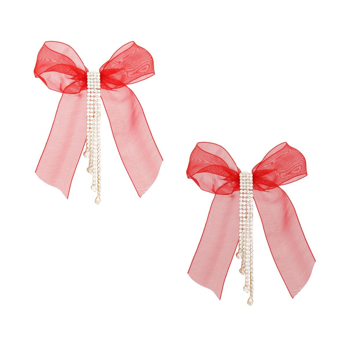 Statement Tassel Fringe Earrings with Red Ribbon Bow, Trendy Sparkling Design