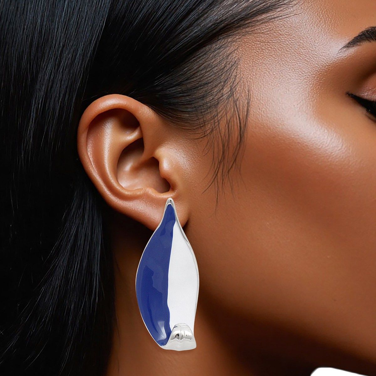 Stud Earrings Curved Leaf Blue White Painted Trendy Fashion Jewelry