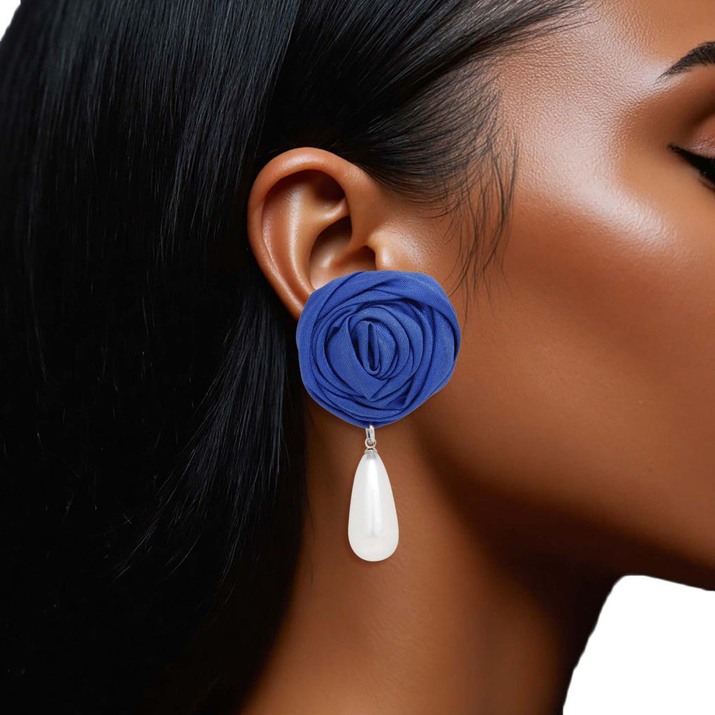 Teardrop Stud Earrings with Blue Rose and White Pearl – Stylish Fashion Jewelry