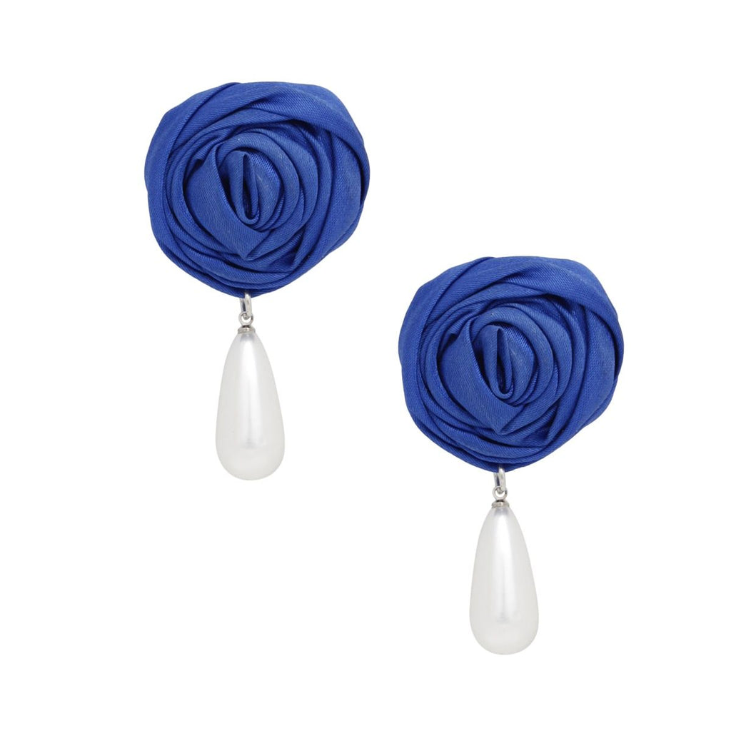 Teardrop Stud Earrings with Blue Rose and White Pearl – Stylish Fashion Jewelry