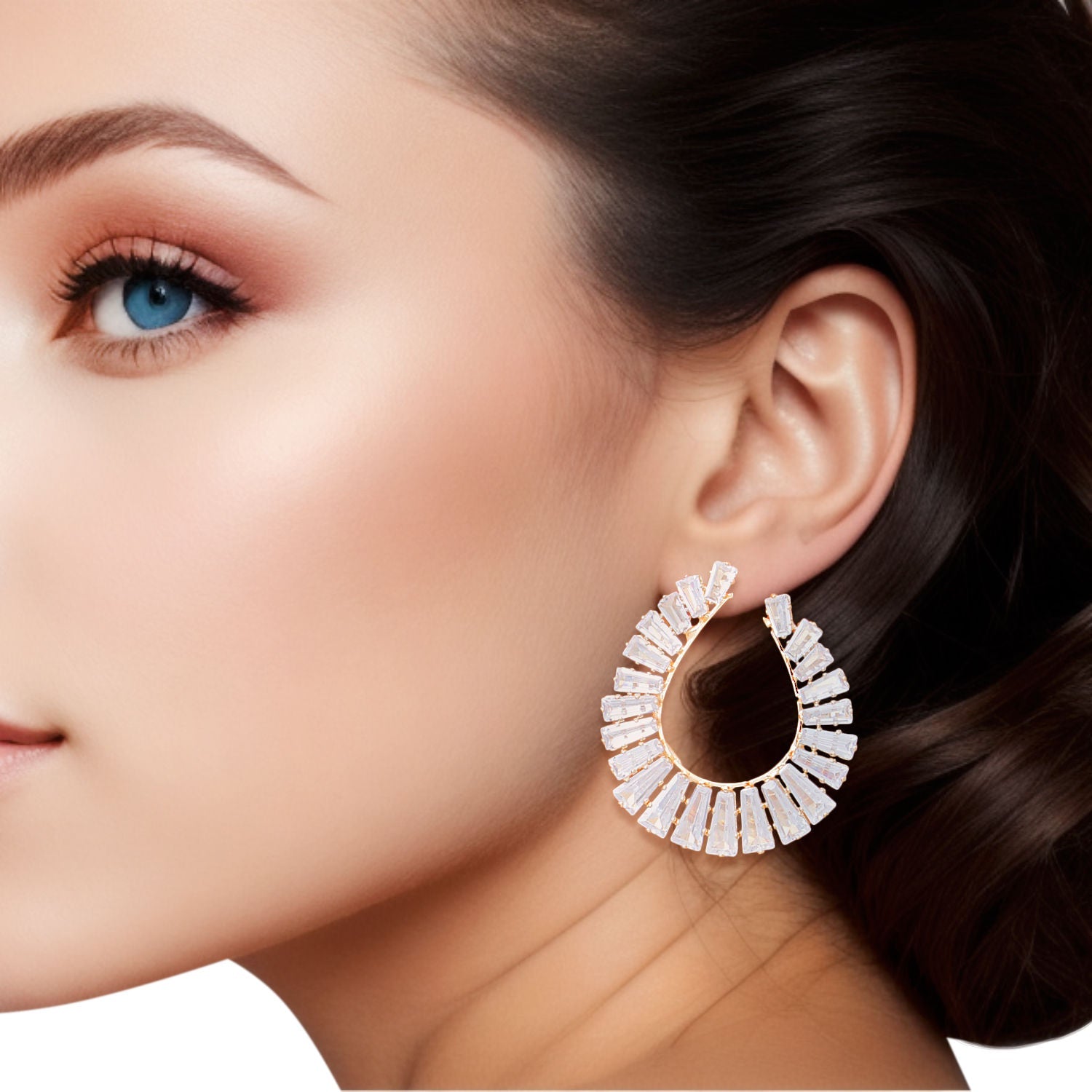 Women’s Gold Stud Earrings Baguette Crystal Teardrop Stylish Chic Jewelry