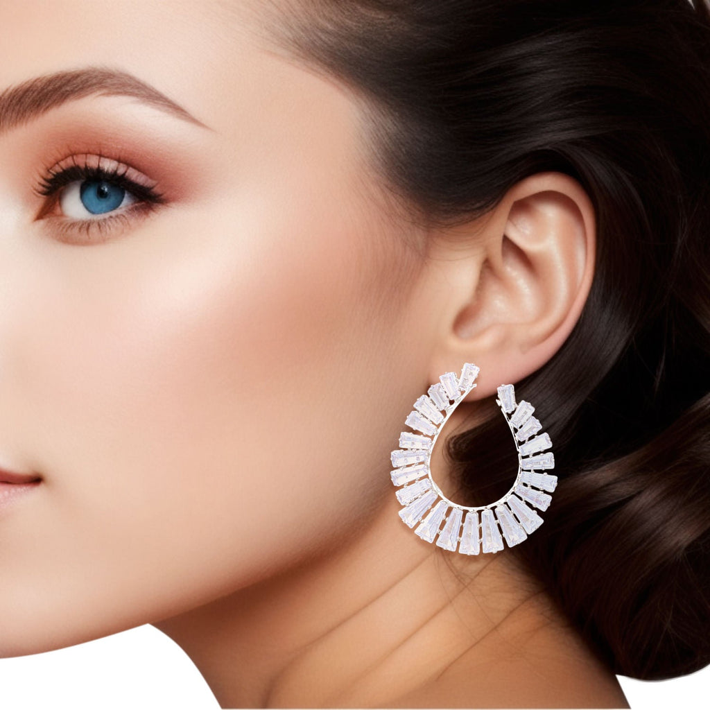 Women’s Silver Stud Earrings with Baguette Crystal Teardrop – Stylish Fashion Jewelry