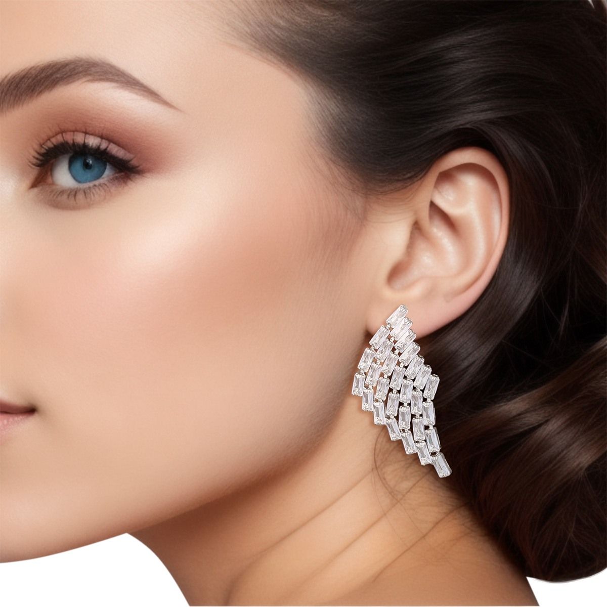 Women’s Silver Stud Earrings Baguette Crystal Wing Stylish Statement Jewelry