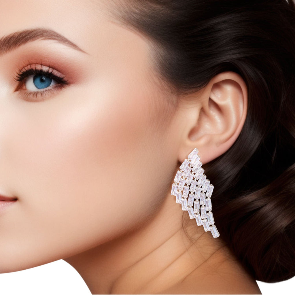 Women’s Silver Stud Earrings Baguette Crystal Wing Stylish Statement Jewelry