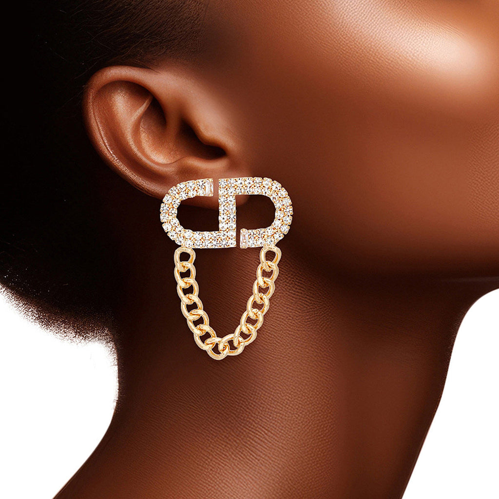 Women’s Gold Pave Stud Earrings with Draped Chain – Stylish Statement Jewelry