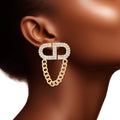 Women’s Gold Pave Stud Earrings with Draped Chain – Stylish Statement Jewelry