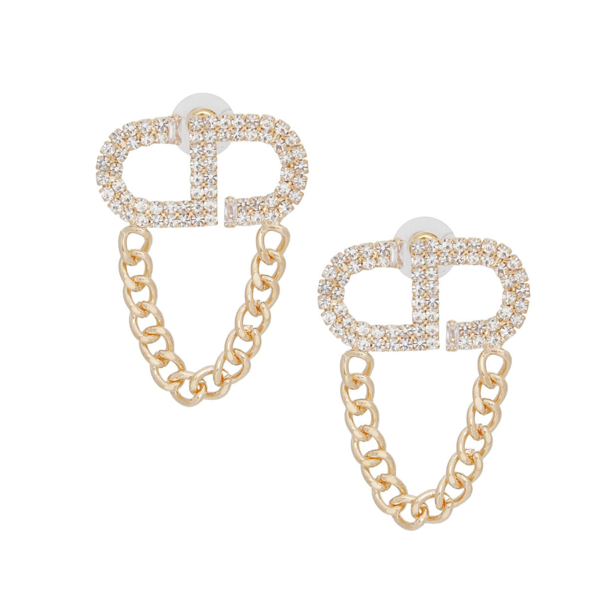 Women’s Gold Pave Stud Earrings with Draped Chain – Stylish Statement Jewelry