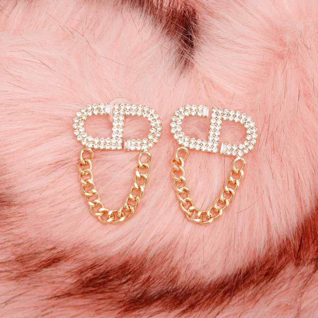 Women’s Gold Pave Stud Earrings with Draped Chain – Stylish Statement Jewelry