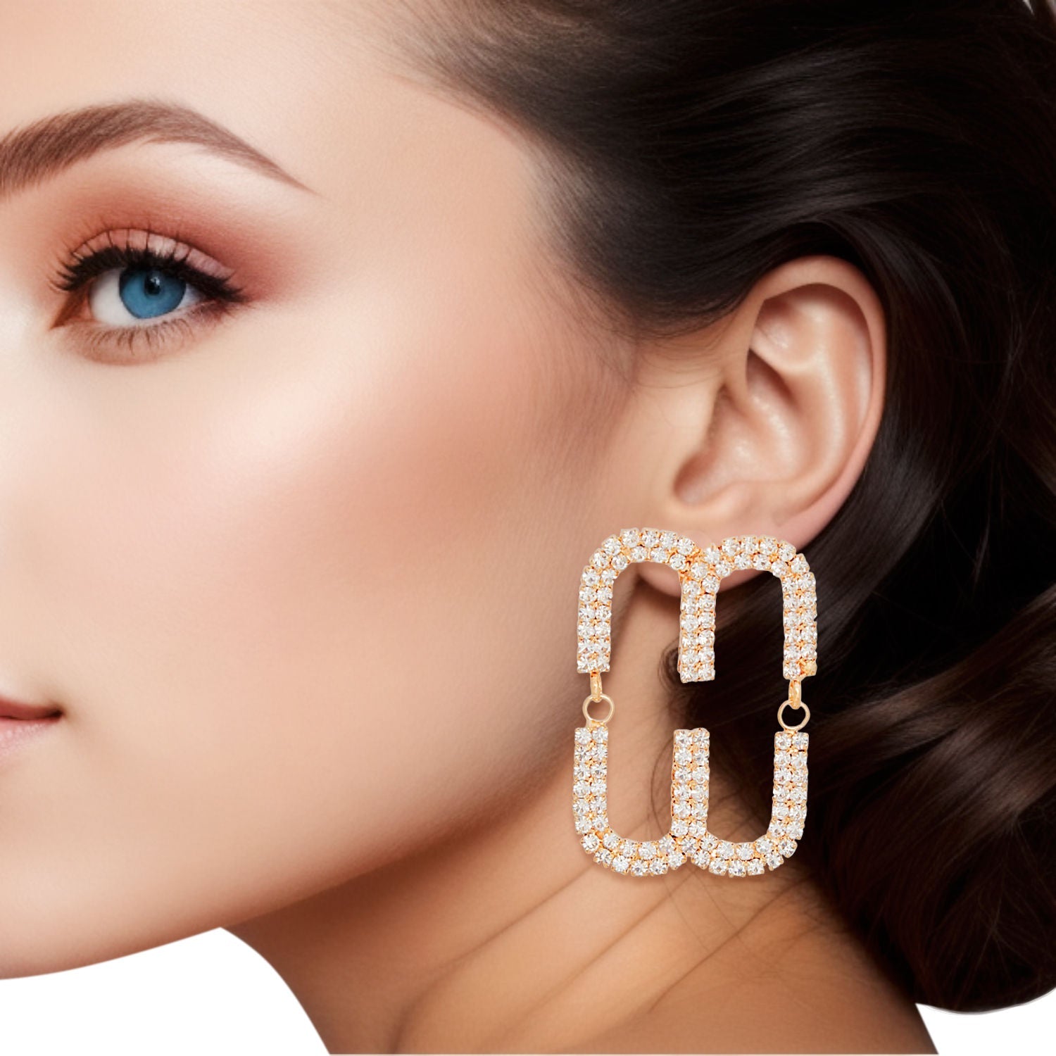 Women’s Gold Pave Oval Loop Stud Earrings Stylish Chic Jewelry