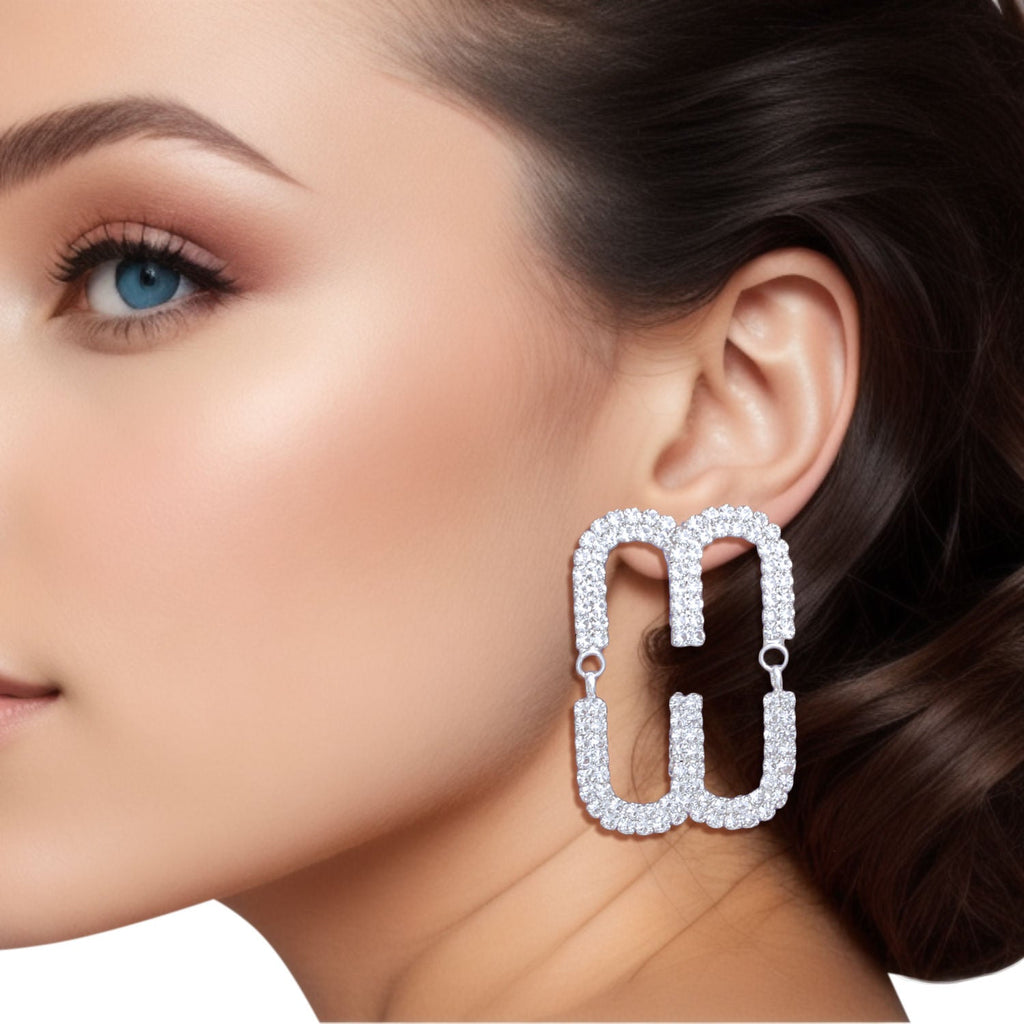 Silver Pave Oval Loop Stud Earrings Women’s Stylish Fashion Jewelry