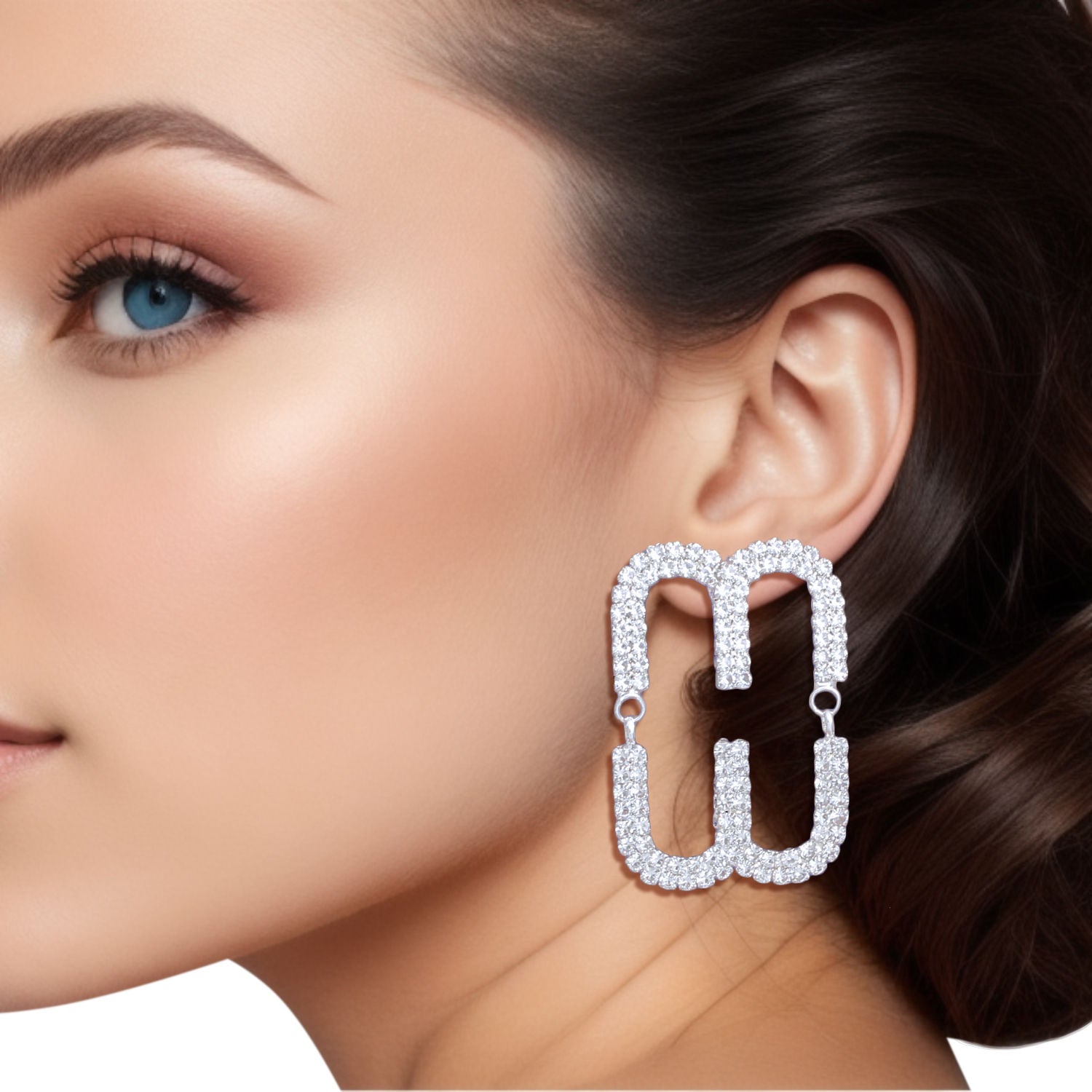 Silver Pave Oval Loop Stud Earrings Women’s Stylish Fashion Jewelry