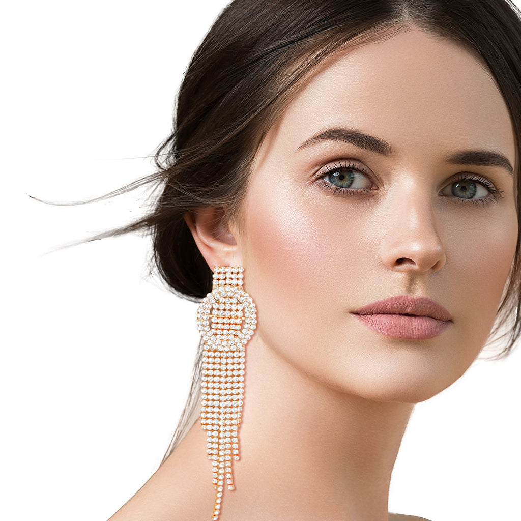 Statement Tassel Fringe Earrings with Long Gold Oval Buckle, Trendy Chic Jewelry