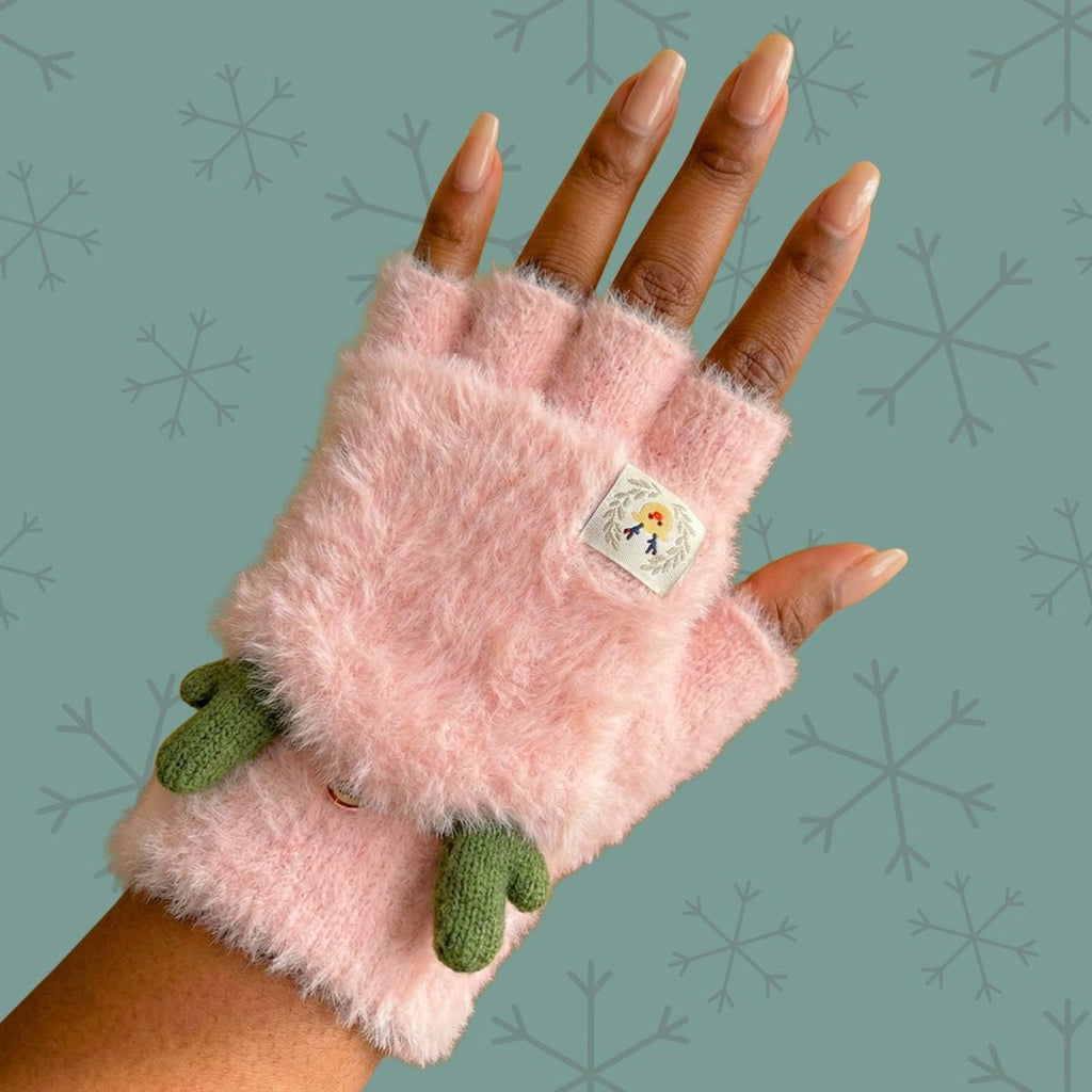 Convertible Fingerless Mittens Pink Fur Reindeer Trendy Fashion Accessory