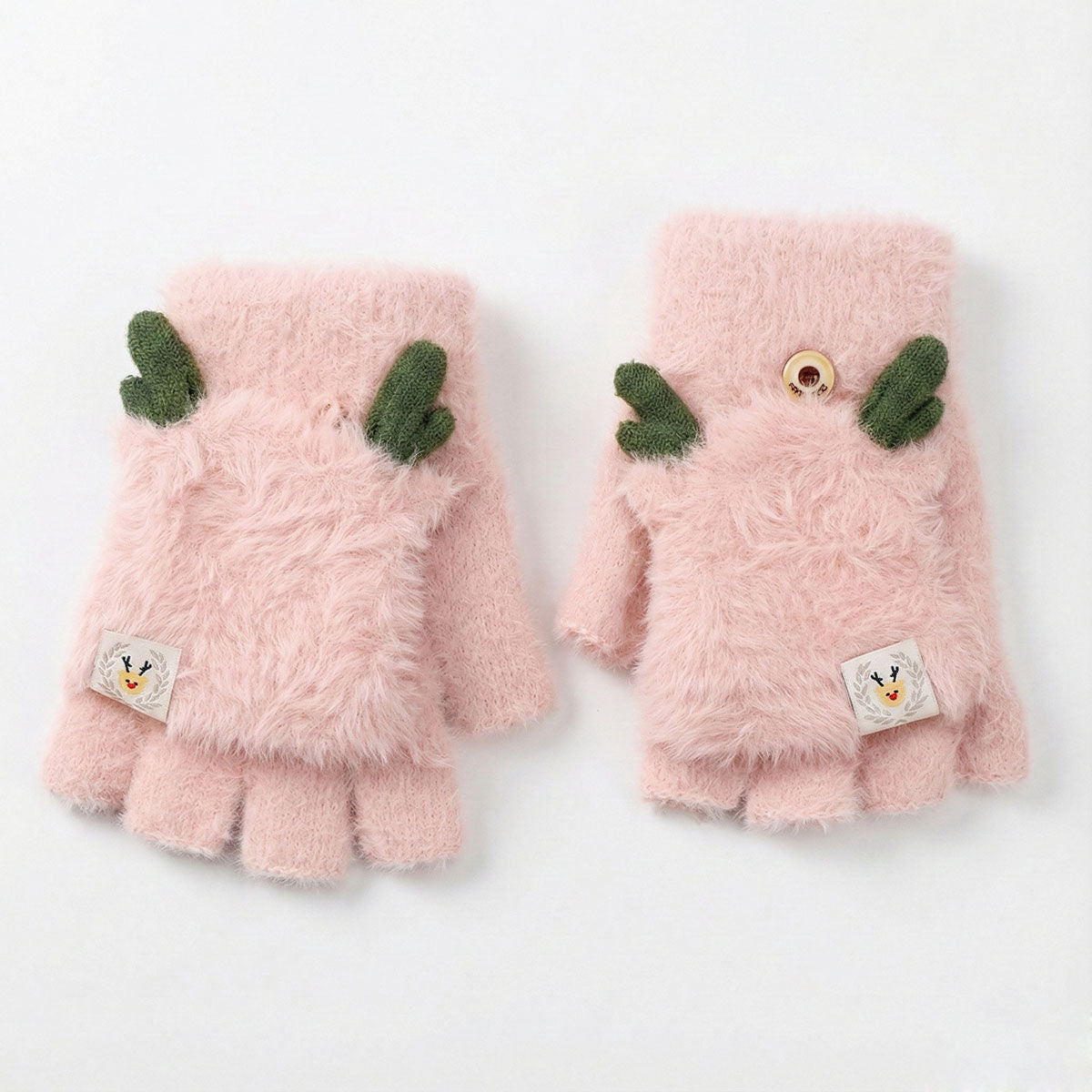 Convertible Fingerless Mittens Pink Fur Reindeer Trendy Fashion Accessory