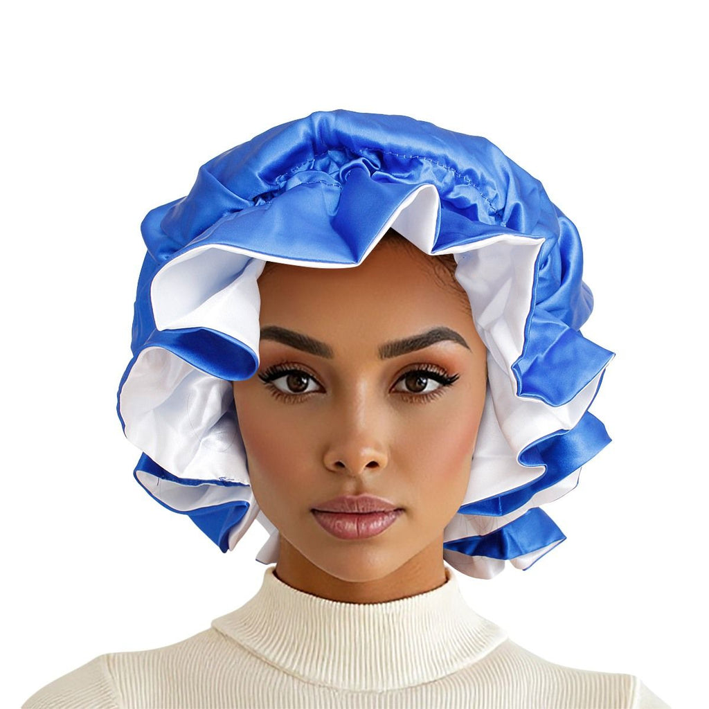 Satin Sleep Bonnet Cap Blue White Sorority Stylish Lounge Accessory