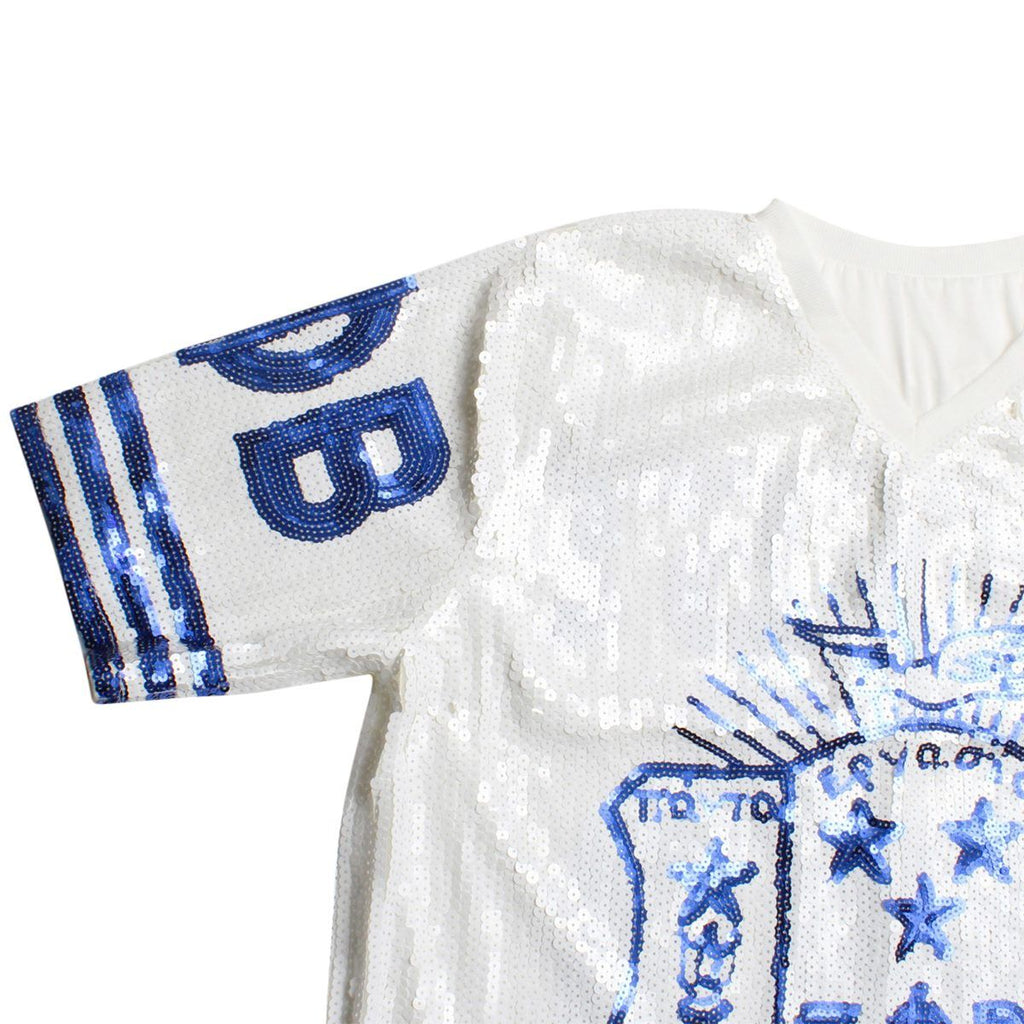 Women’s White Sequin Jersey Shirt Trendy Casual Top for Sorority Style