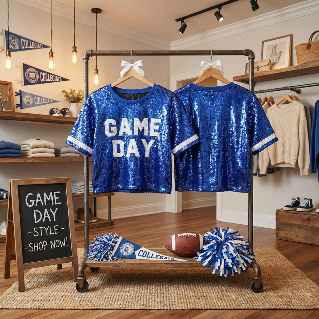 Women’s Crop Top Jersey Blue White Sequin Stylish Game Day