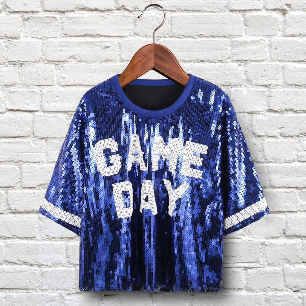 Women’s Crop Top Jersey Blue White Sequin Stylish Game Day