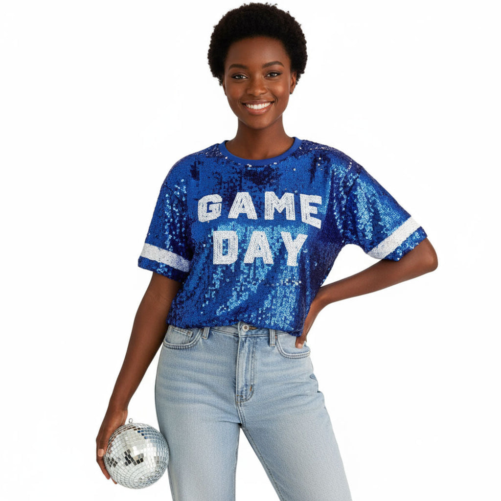 Women’s Crop Top Jersey Blue White Sequin Stylish Game Day