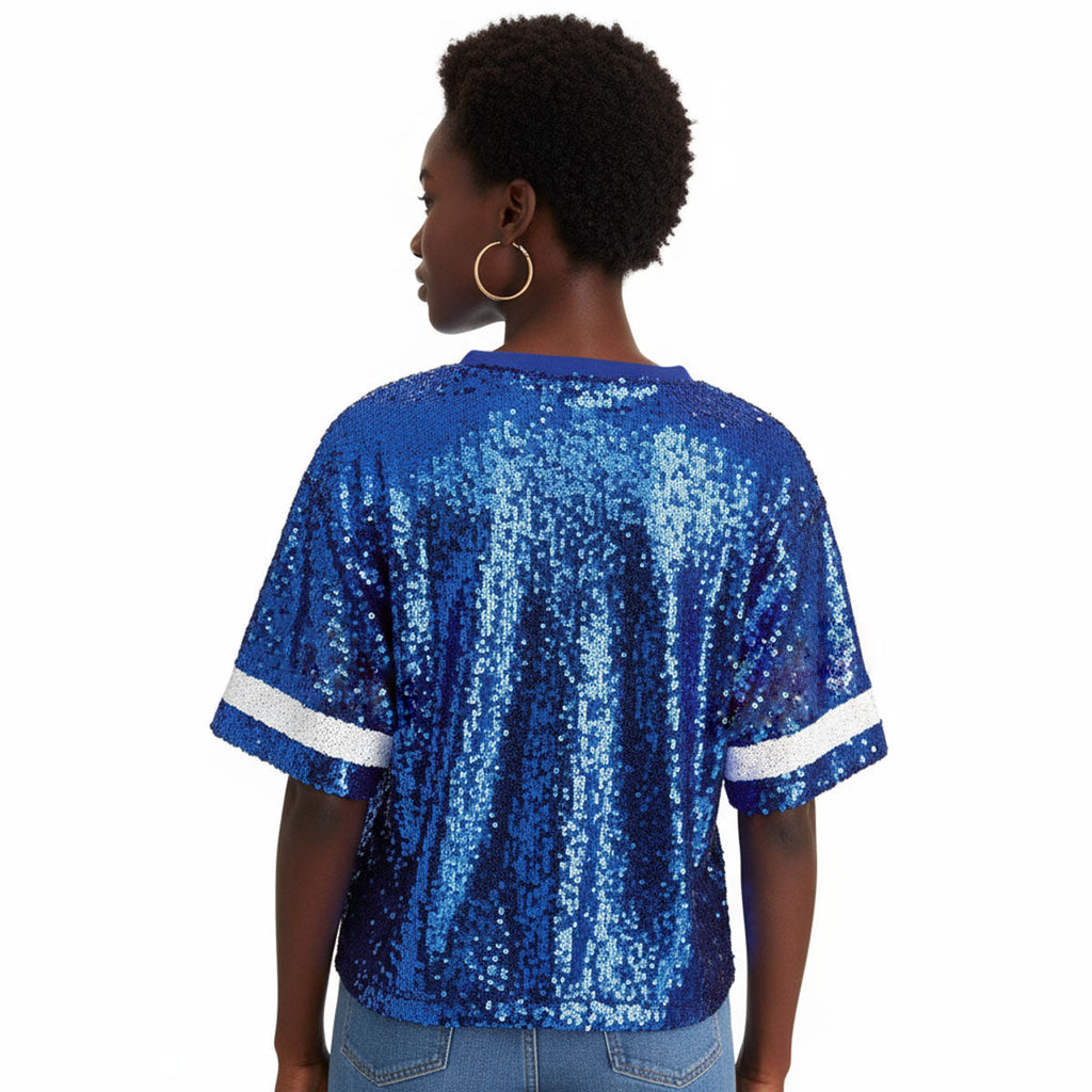 Women’s Crop Top Jersey Blue White Sequin Stylish Game Day