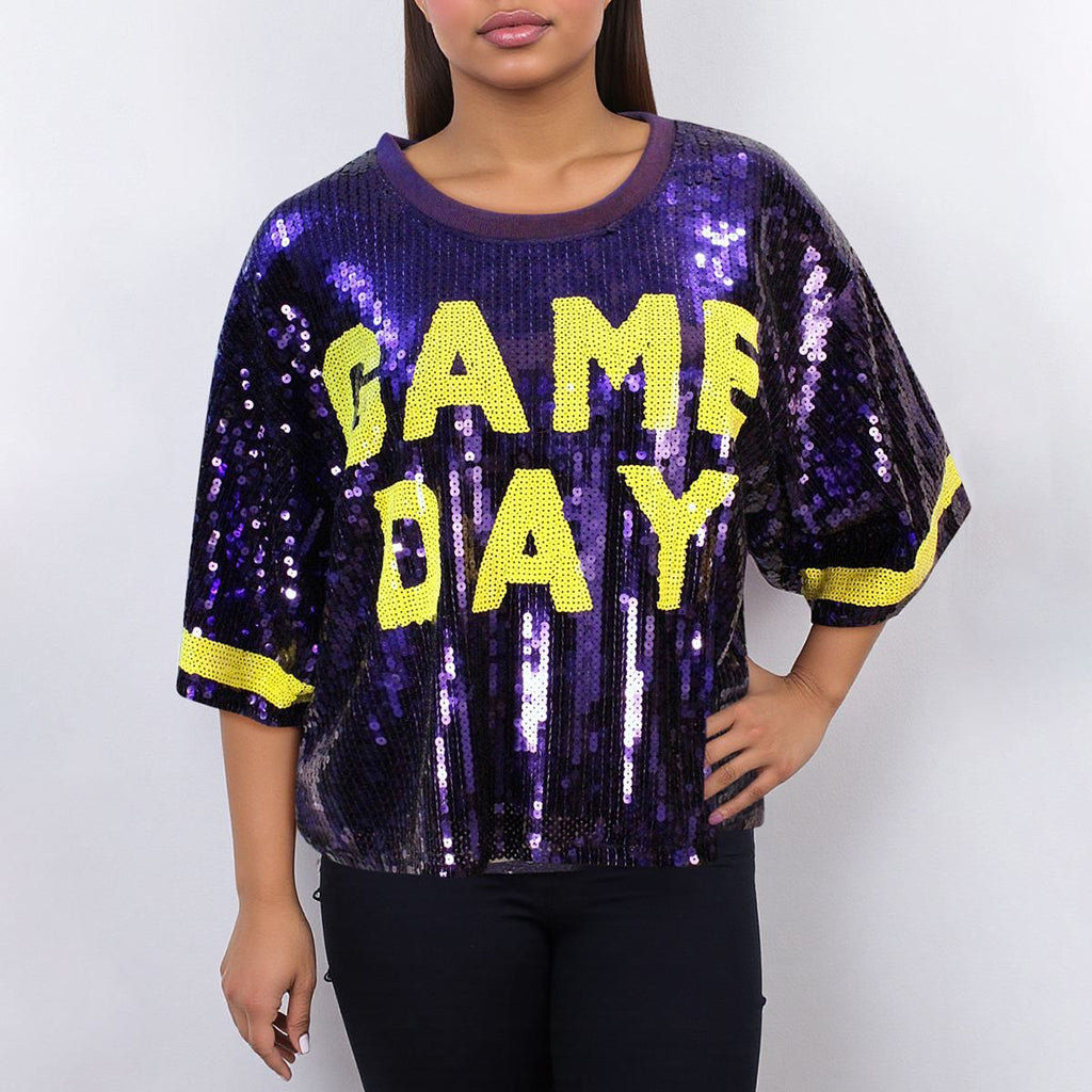 Women’s Crop Top Jersey with Purple and Yellow Sequin Detail, Trendy Game Day Style
