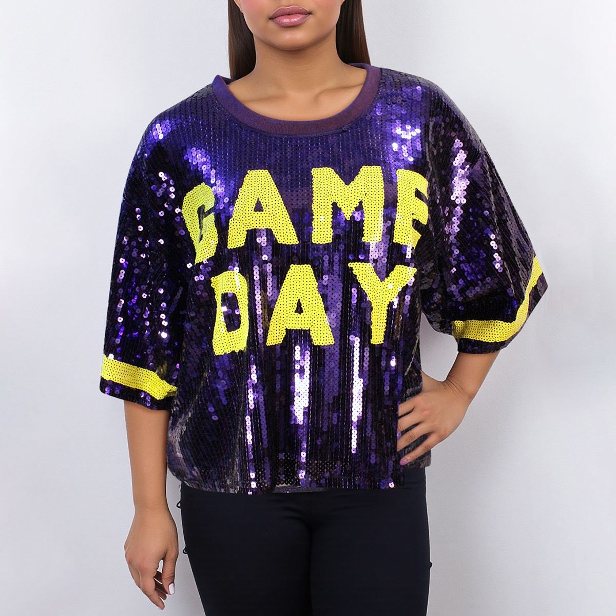 Women’s Crop Top Jersey with Purple and Yellow Sequin Detail, Trendy Game Day Style