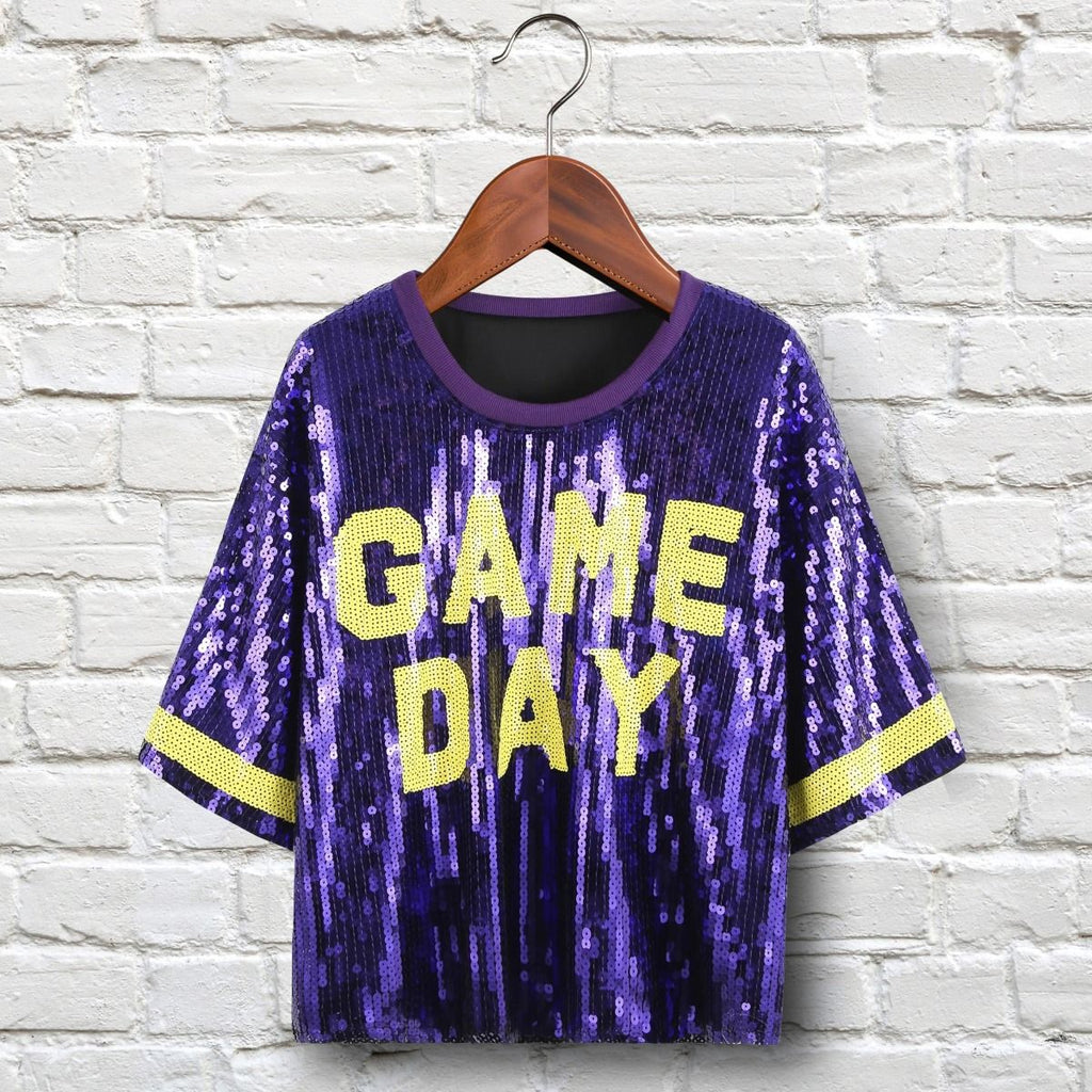 Women’s Crop Top Jersey with Purple and Yellow Sequin Detail, Trendy Game Day Style