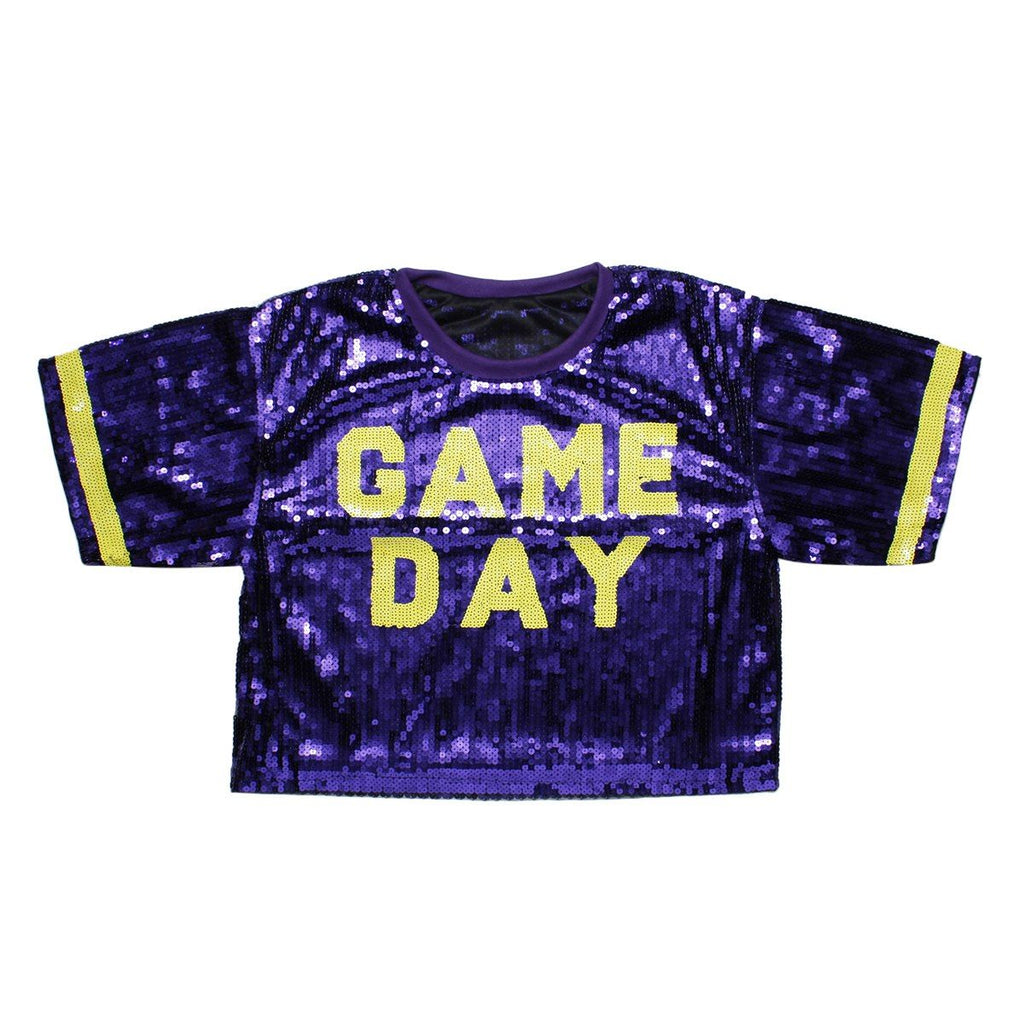 Women’s Crop Top Jersey with Purple and Yellow Sequin Detail, Trendy Game Day Style