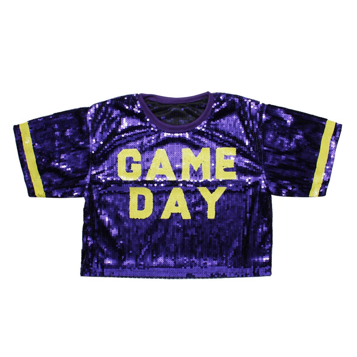 Women’s Crop Top Jersey with Purple and Yellow Sequin Detail, Trendy Game Day Style