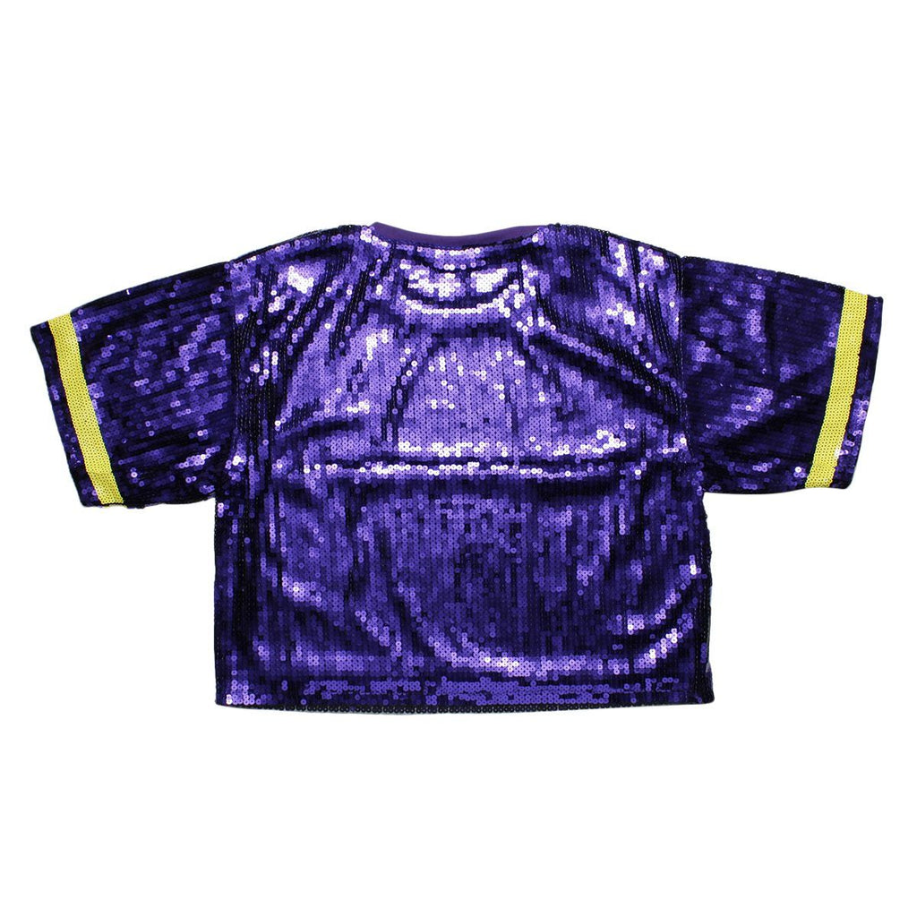 Women’s Crop Top Jersey with Purple and Yellow Sequin Detail, Trendy Game Day Style