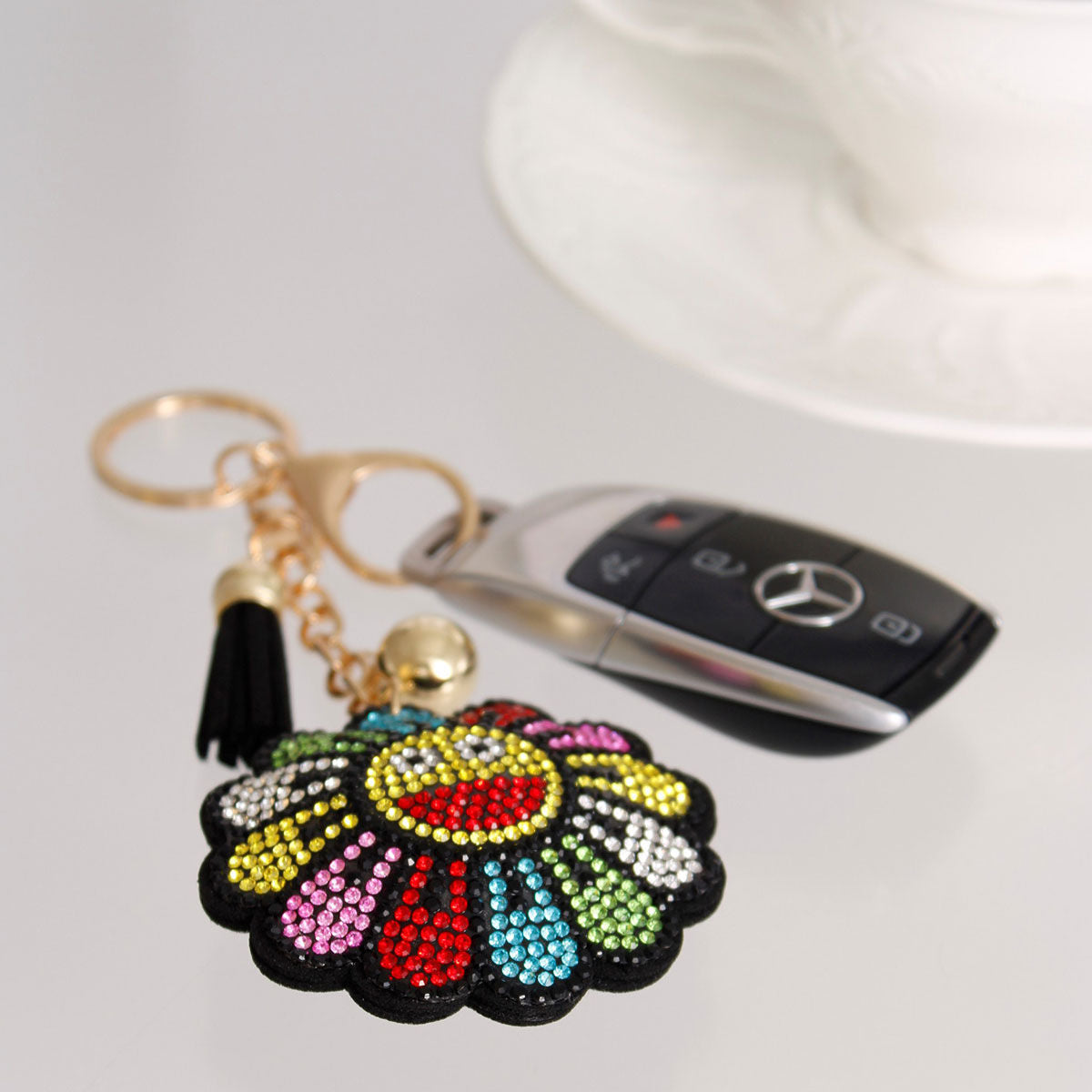 Keychain with Smiley Face Flower Charm Trendy Accessory
