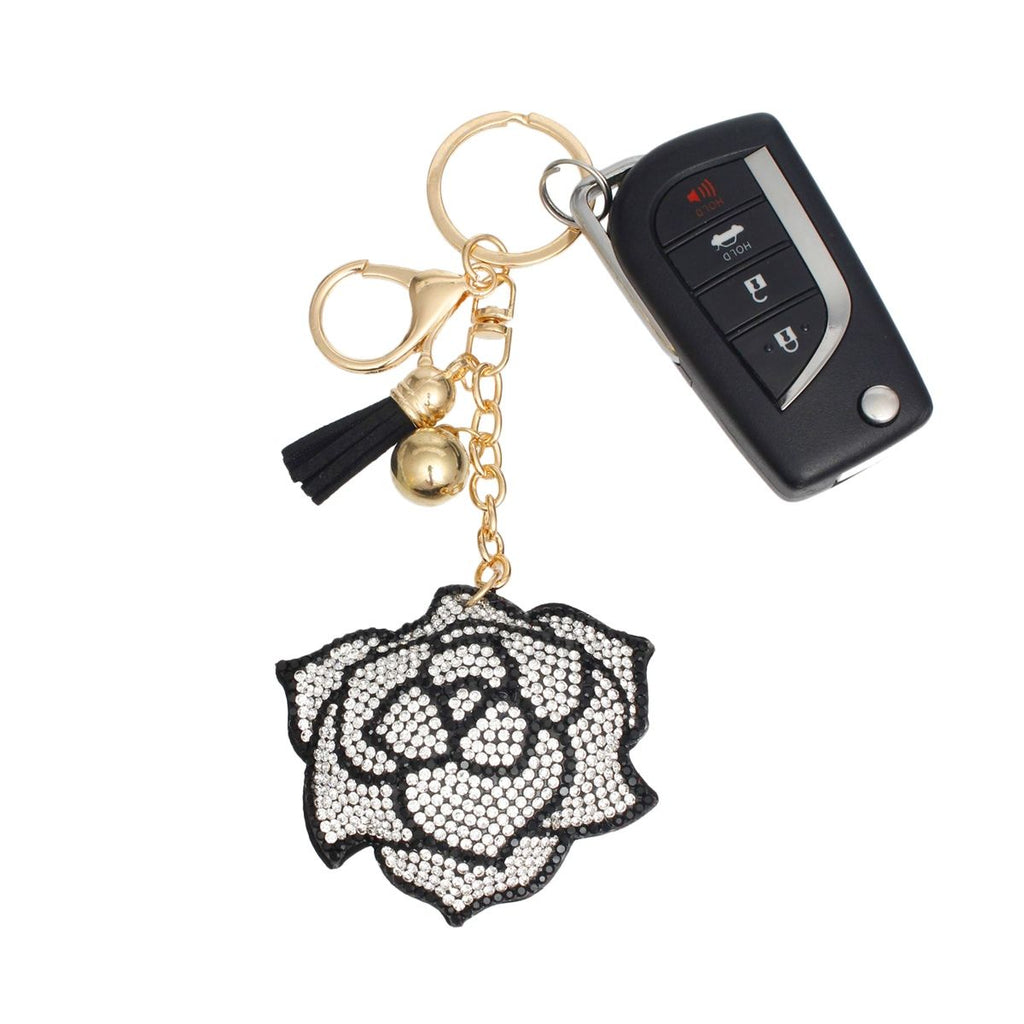 Rhinestone Rose Charm Keychain Radiant Black Stylish Accessory