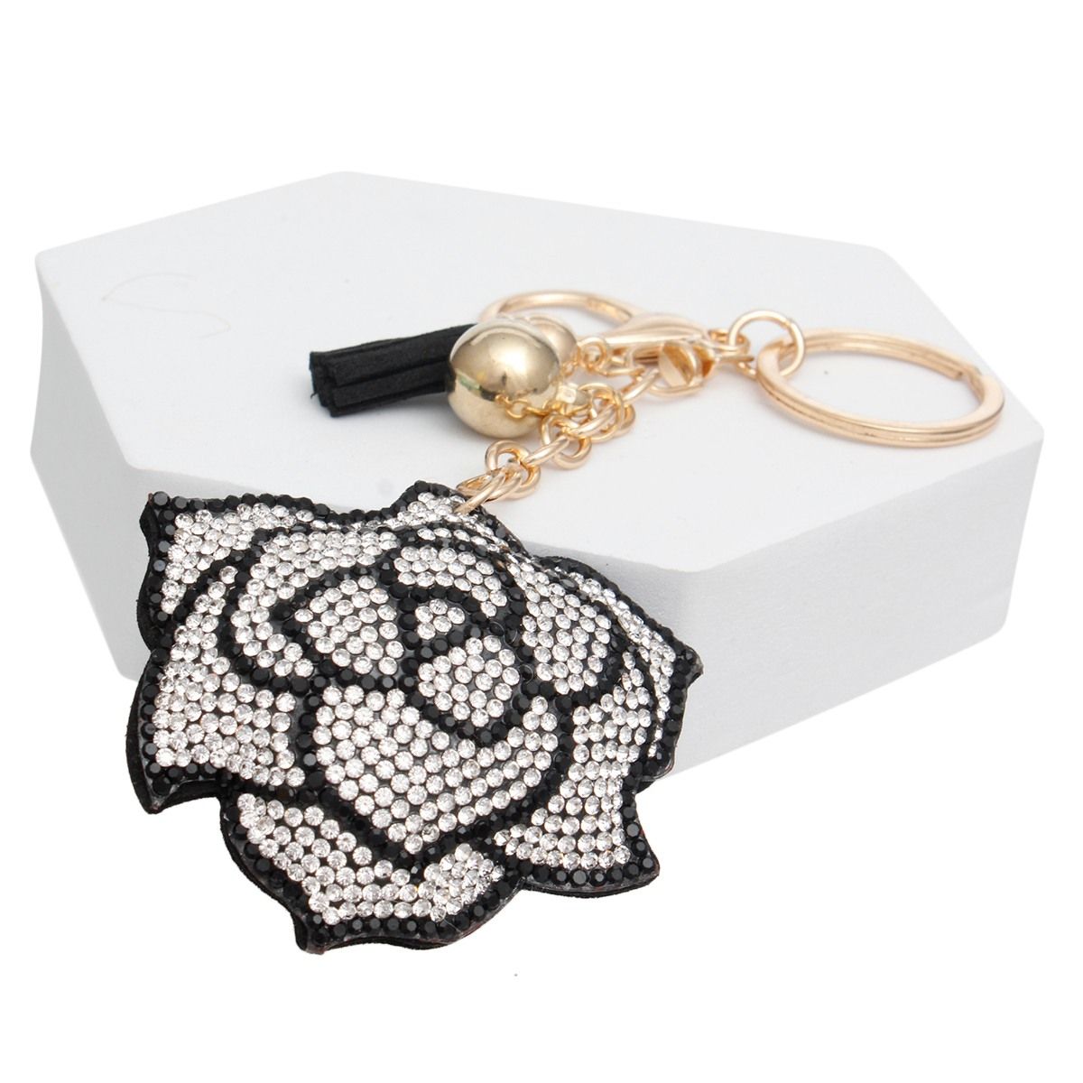 Rhinestone Rose Charm Keychain Radiant Black Stylish Accessory