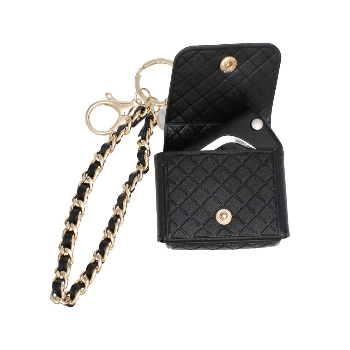 AirPods Earbud Case Keychain Quilted Black Gold Stylish Accessory