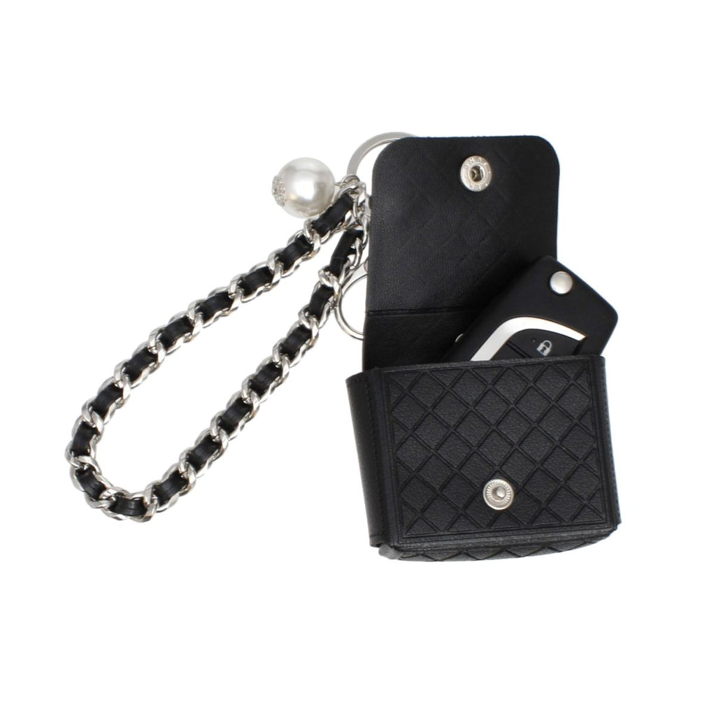 AirPods Earbud Case Keychain Quilted Black Silver Stylish Accessory
