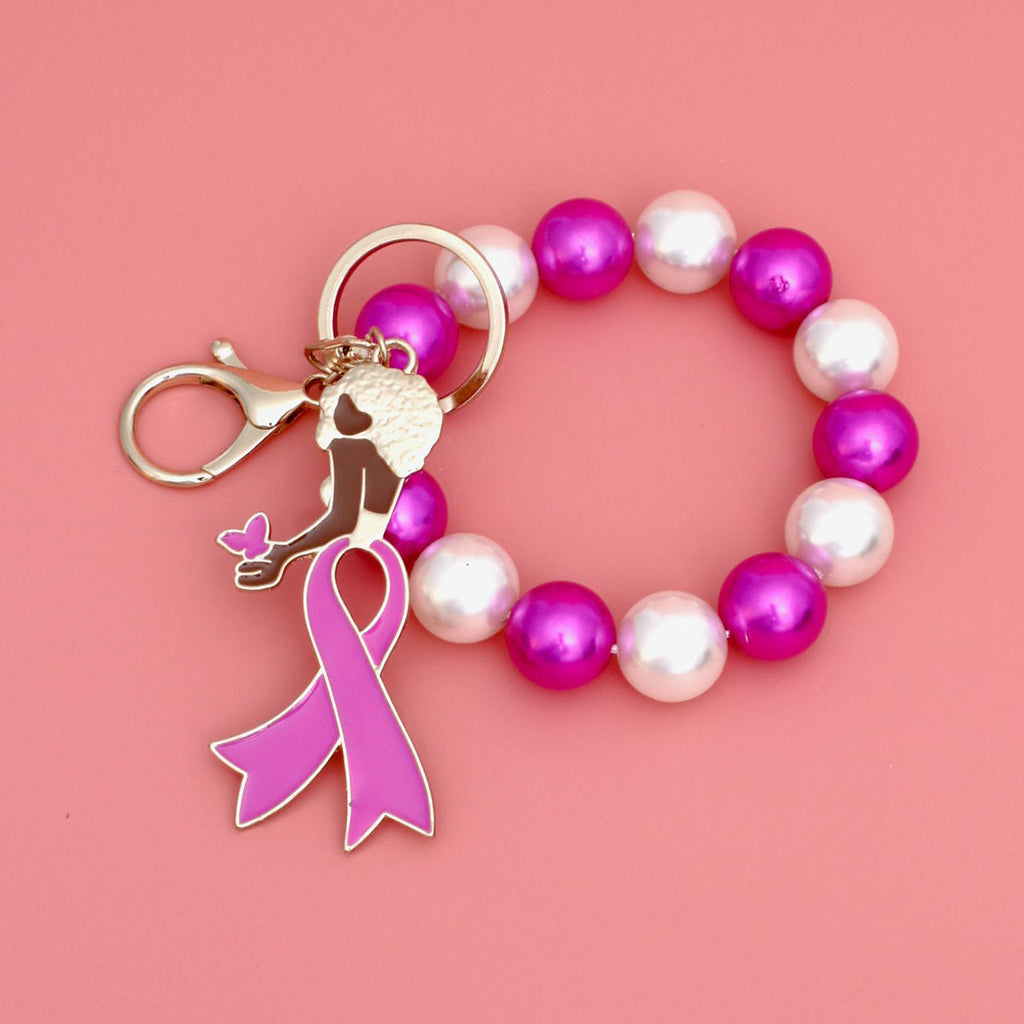 Pearl Wristlet Keychain with Gold Pink Ribbon Accent – Stylish Accessory