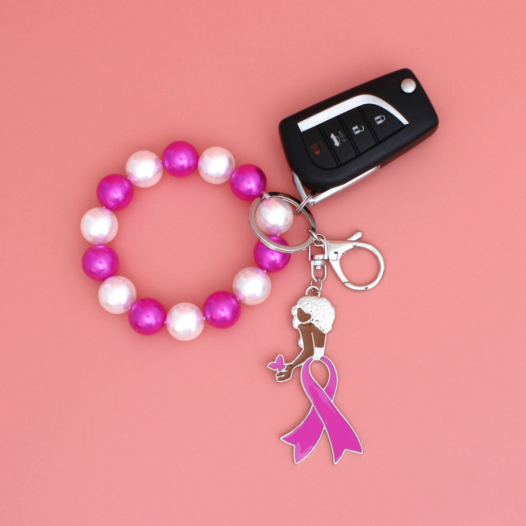 Keychain Wristlet with Silver Pink Ribbon and Mixed Pearls – Stylish Accessory