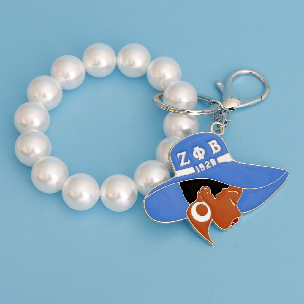 Pearl Keychain with Blue and White Hat Accent Trendy Accessory