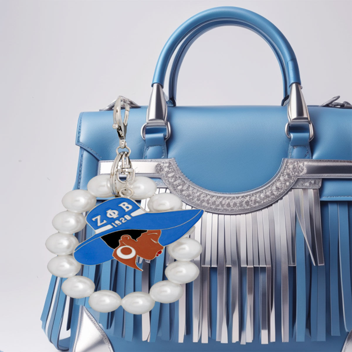 Pearl Keychain with Blue and White Hat Accent Trendy Accessory