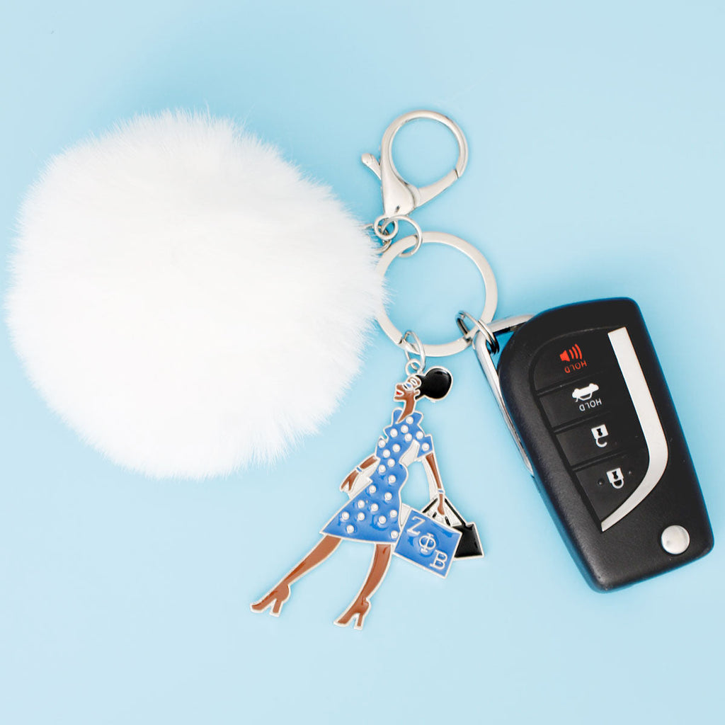 Pom Pom Keychain with Sorority Glam Gal Charm, Trendy Women’s Accessory