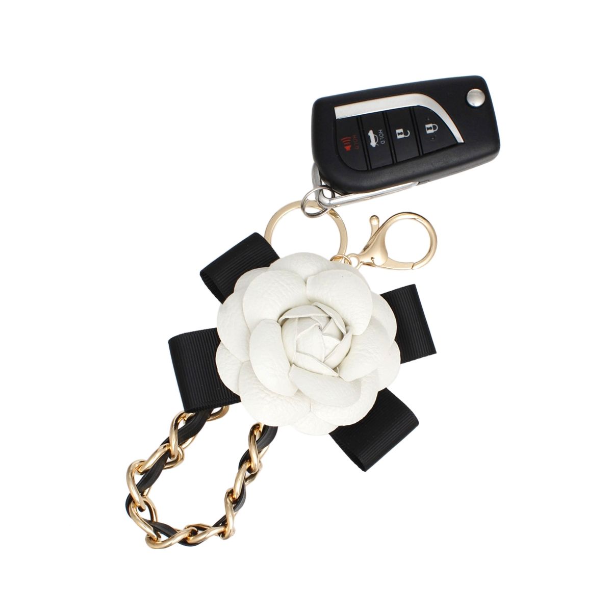 Fashion Keychain with White Camellia and Gold Chain Handbag Clip, Stylish Accessory